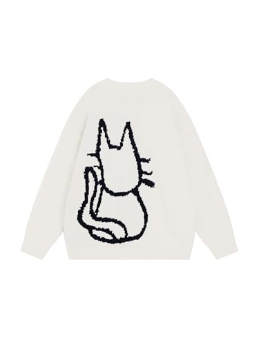 Women's Pullover Sweater Hand Drawn Cat Graphic Printed Oversized Sweater Fall Winter Fashion Couple Tops