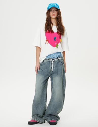 Double Waist Loose Sagging Jeans Baggy Denim Pants High Waist Stretchy Straight Wide Leg Jeans