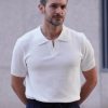 Mens Polo Shirts Short Sleeve V Neck Knit Textured Polo Knitted Golf Shirt