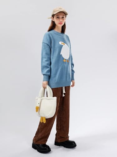 Oversized Sweaters for Women Trendy Unisex Duck Graphic Knit Fall Sweater Streetwear Couple Crewneck Pullover