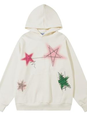 Mens Graphic Varsity Hoodies Graffiti Line Star Unisex Colorful Printing Oversized Casual Streetwear Tops
