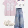 Womens Jersey Tshirts Letter Printed Tees V Neck Mesh Short Sleeve 2025 Y2k Summer Casual Tops Clothes