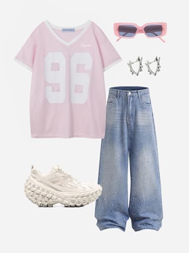 Womens Jersey Tshirts Letter Printed Tees V Neck Mesh Short Sleeve 2025 Y2k Summer Casual Tops Clothes