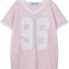 Womens Jersey Tshirts Letter Printed Tees V Neck Mesh Short Sleeve 2025 Y2k Summer Casual Tops Clothes