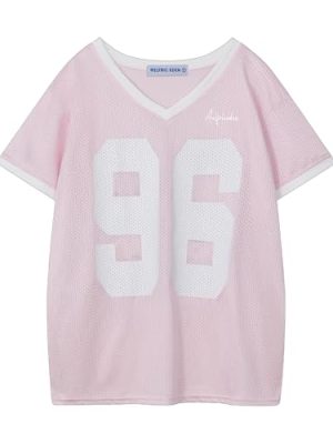 Womens Jersey Tshirts Letter Printed Tees V Neck Mesh Short Sleeve 2025 Y2k Summer Casual Tops Clothes