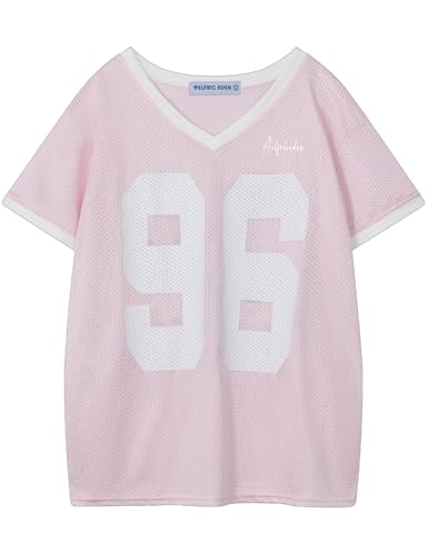 Womens Jersey Tshirts Letter Printed Tees V Neck Mesh Short Sleeve 2025 Y2k Summer Casual Tops Clothes