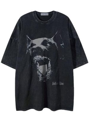 Oversized Tees Graphic Dog Print Tshirt Washed Cotton Short Sleeve Summer Streetwear Vintage Unisex Tops