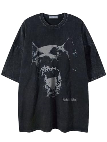 Oversized Tees Graphic Dog Print Tshirt Washed Cotton Short Sleeve Summer Streetwear Vintage Unisex Tops