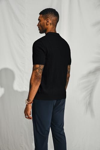 Mens Knit Polo Shirt Short Sleeve Hollow Out Knit Shirt Texture Knitted Polo