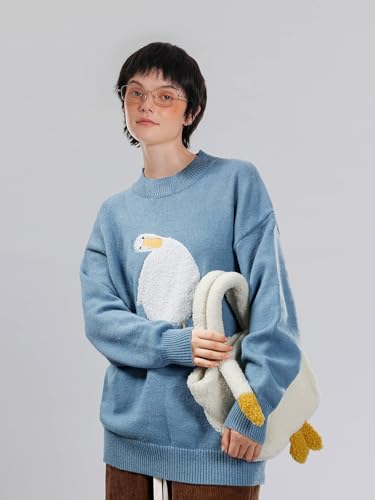 Oversized Sweaters for Women Trendy Unisex Duck Graphic Knit Fall Sweater Streetwear Couple Crewneck Pullover