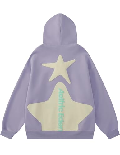 Star Graphic Hoodies Purple Print Hoodie Unisex Oversized Hooded Sweatshirt Long Sleeve Pocket Pullover