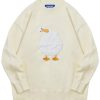 Oversized Sweaters for Women Trendy Unisex Duck Graphic Knit Fall Sweater Streetwear Couple Crewneck Pullover
