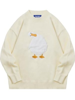 Oversized Sweaters for Women Trendy Unisex Duck Graphic Knit Fall Sweater Streetwear Couple Crewneck Pullover
