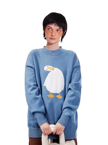Oversized Sweaters for Women Trendy Unisex Duck Graphic Knit Fall Sweater Streetwear Couple Crewneck Pullover