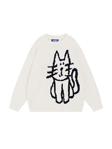 Women's Pullover Sweater Hand Drawn Cat Graphic Printed Oversized Sweater Fall Winter Fashion Couple Tops