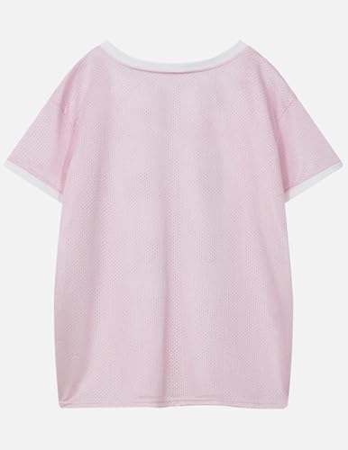 Womens Jersey Tshirts Letter Printed Tees V Neck Mesh Short Sleeve 2025 Y2k Summer Casual Tops Clothes