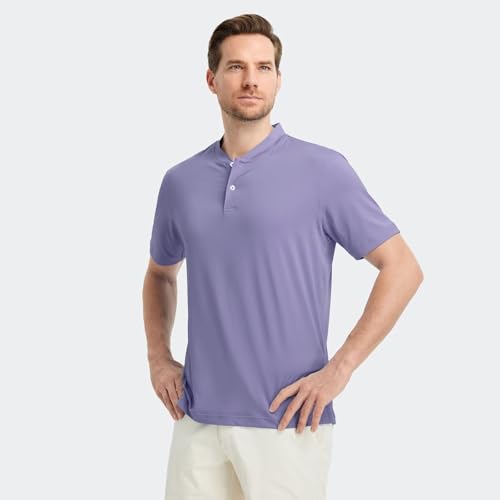 Collarless Golf Shirts for Men Dry Fit Moisture Wicking Performance Solid Casual Mens Henley Shirts Short Sleeve