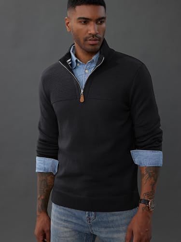 Men's Quarter Zip Sweater Slim Fit Casual Pullover Sweater Mock Neck Polo Sweaters