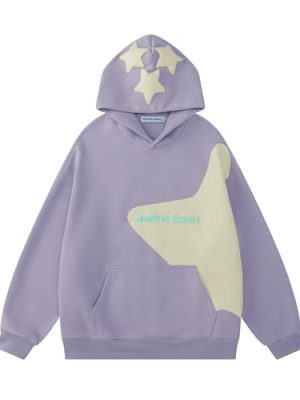 Star Graphic Hoodies Purple Print Hoodie Unisex Oversized Hooded Sweatshirt Long Sleeve Pocket Pullover