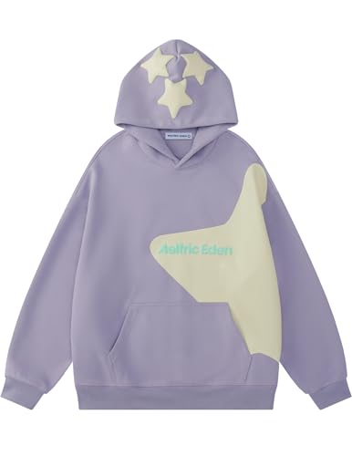 Star Graphic Hoodies Purple Print Hoodie Unisex Oversized Hooded Sweatshirt Long Sleeve Pocket Pullover