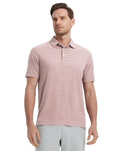 Mens Striped Golf Shirts Short Sleeve Silk-Like Touch Water-Resistant Breathable Soft Collared Polo Shirts for Men