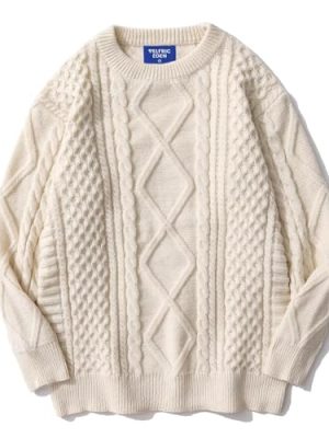 Oversized Knit Sweater Solid Vintage Pullover Sweater Unisex Woven Crewneck Knitted Tops