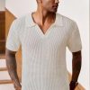 Mens Johnny Collar Polo Shirts Crochet Hollow Out Summer Casual Shirt (S-XXL)