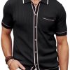 Mens Short Sleeve Button Down Polo Shirt Casual Knit Shirt Waffle Polo Shirt