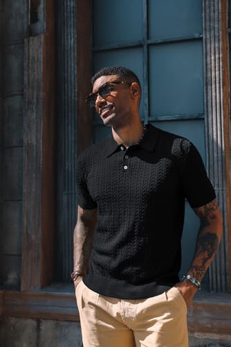 Mens Knit Polo Shirt Short Sleeve Hollow Out Knit Shirt Texture Knitted Polo
