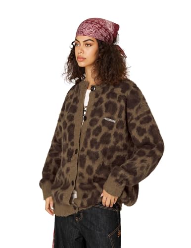 Leopard Print Cardigan Sweaters for Women Cheetah Y2k Crewneck Button Down Knit Cardigans Long Sleeve Sweater