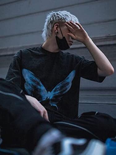 Mens Oversized T Shirts Tees Butterfly Print Crew Neck Cotton Tops Streetwear Casual Shirt
