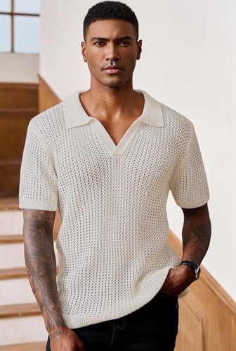 Mens Johnny Collar Polo Shirts Crochet Hollow Out Summer Casual Shirt (S-XXL)