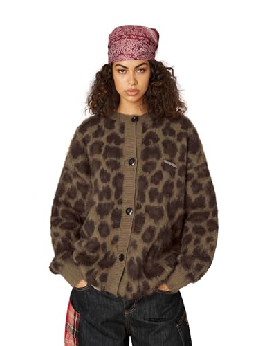 Leopard Print Cardigan Sweaters for Women Cheetah Y2k Crewneck Button Down Knit Cardigans Long Sleeve Sweater