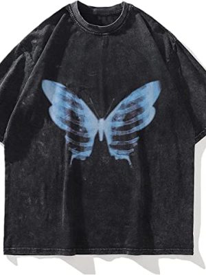 Mens Oversized T Shirts Tees Butterfly Print Crew Neck Cotton Tops Streetwear Casual Shirt
