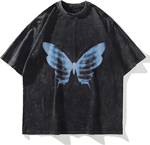 Mens Oversized T Shirts Tees Butterfly Print Crew Neck Cotton Tops Streetwear Casual Shirt