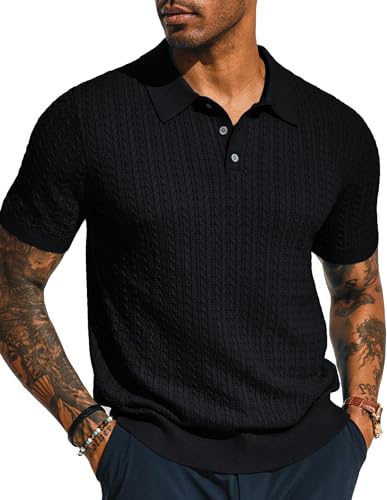 Mens Knit Polo Shirt Short Sleeve Hollow Out Knit Shirt Texture Knitted Polo