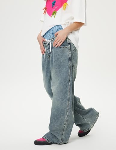 Double Waist Loose Sagging Jeans Baggy Denim Pants High Waist Stretchy Straight Wide Leg Jeans