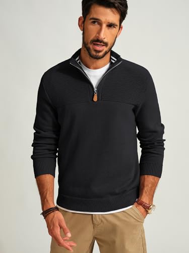 Men's Quarter Zip Sweater Slim Fit Casual Pullover Sweater Mock Neck Polo Sweaters