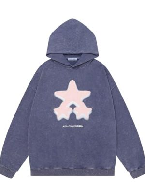 Womens Oversized Hoodie Heavyweight Vintage Streetwear Star Graphic Acid Wash Hoodies Pullover With Pockets