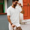 Mens Polo Shirts Short Sleeve V Neck Knit Textured Polo Knitted Golf Shirt