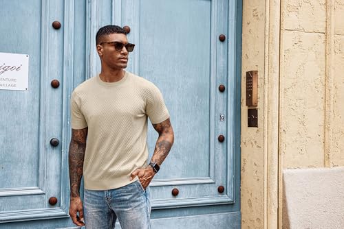 Men's Short Sleeve Knit T-Shirts Casual Crewneck Solid Texture Knit Shirt