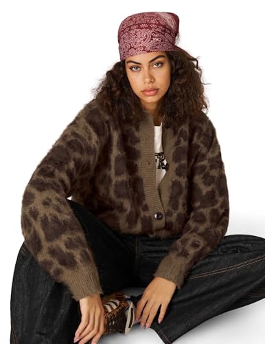 Leopard Print Cardigan Sweaters for Women Cheetah Y2k Crewneck Button Down Knit Cardigans Long Sleeve Sweater