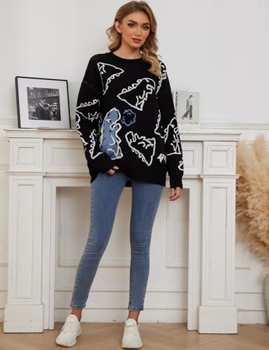 Dinosaur Sweater Women y2k Vintage Oversized Graphic Streetwear Knit Sweater Casual Cute Kawaii Tops