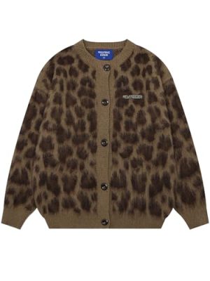 Leopard Print Cardigan Sweaters for Women Cheetah Y2k Crewneck Button Down Knit Cardigans Long Sleeve Sweater