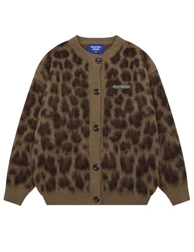 Leopard Print Cardigan Sweaters for Women Cheetah Y2k Crewneck Button Down Knit Cardigans Long Sleeve Sweater