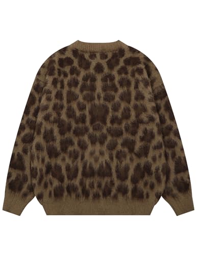 Leopard Print Cardigan Sweaters for Women Cheetah Y2k Crewneck Button Down Knit Cardigans Long Sleeve Sweater