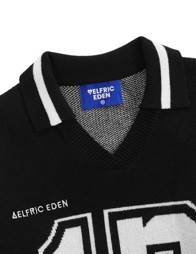 41V7UmhtHyL.jpg Number Graphic Polo Sweater Oversized V Neck Knit Sweater Y2k Long Sleeve Pullover Vintage Sweaters Tops