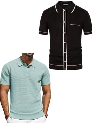 Mens Short Sleeve Button Down Polo Shirt Casual Knit Shirt Waffle Polo Shirt