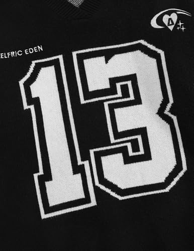 41VxcrfSJzL.jpg Number Graphic Polo Sweater Oversized V Neck Knit Sweater Y2k Long Sleeve Pullover Vintage Sweaters Tops