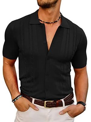 Mens Polo Shirts Vintage Striped Button Down Knitted Golf Shirts